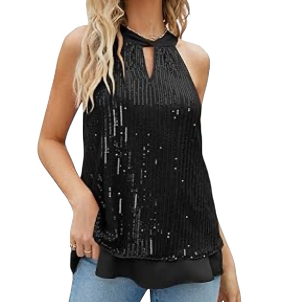 JASAMBAC Black Sequin Halter Top sz L Sleeveless Tie Neck Cocktail Party Glam